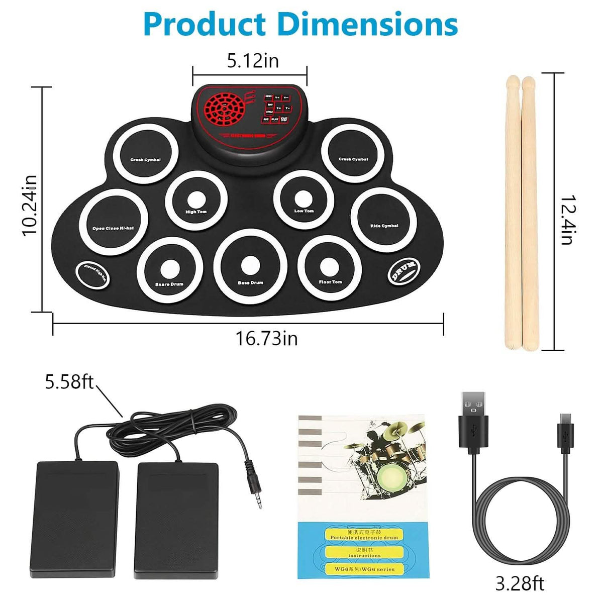 10 Pads Electric Drum Set Foldable