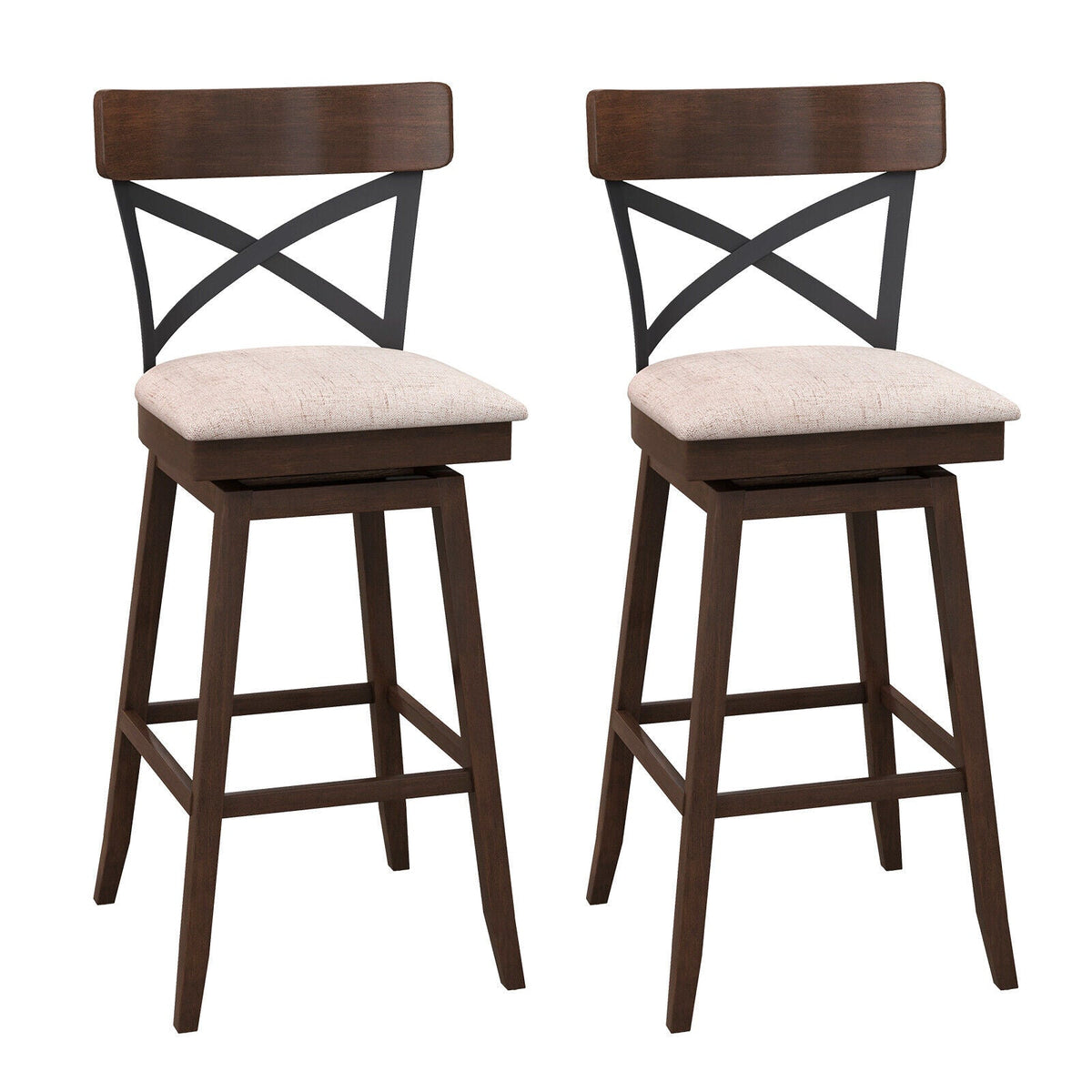 Set of 2 Wooden Swivel Bar Stools with Cushioned Seat and Open X Back