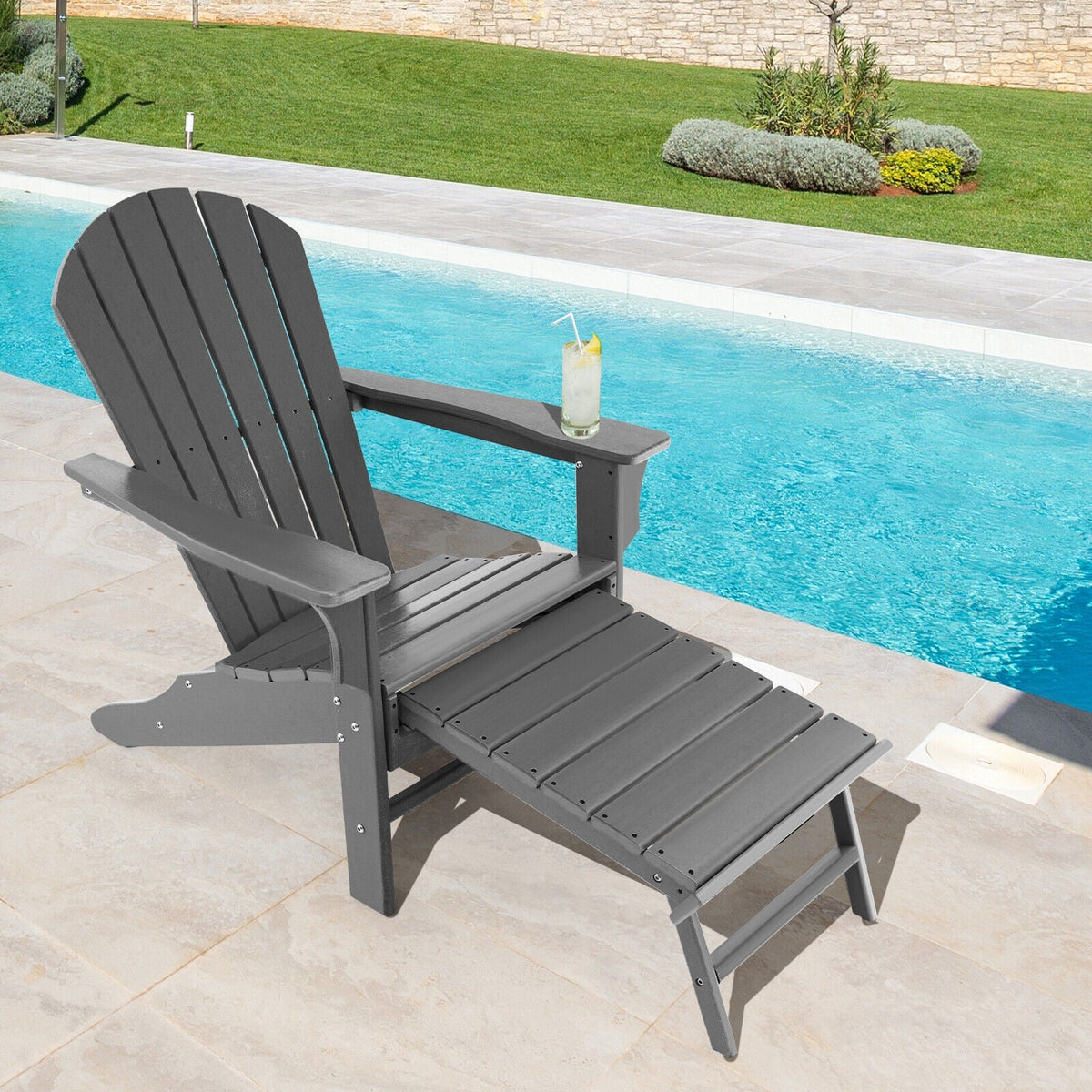 Patio HDPE Adirondack Chair with Retractable Ottoman