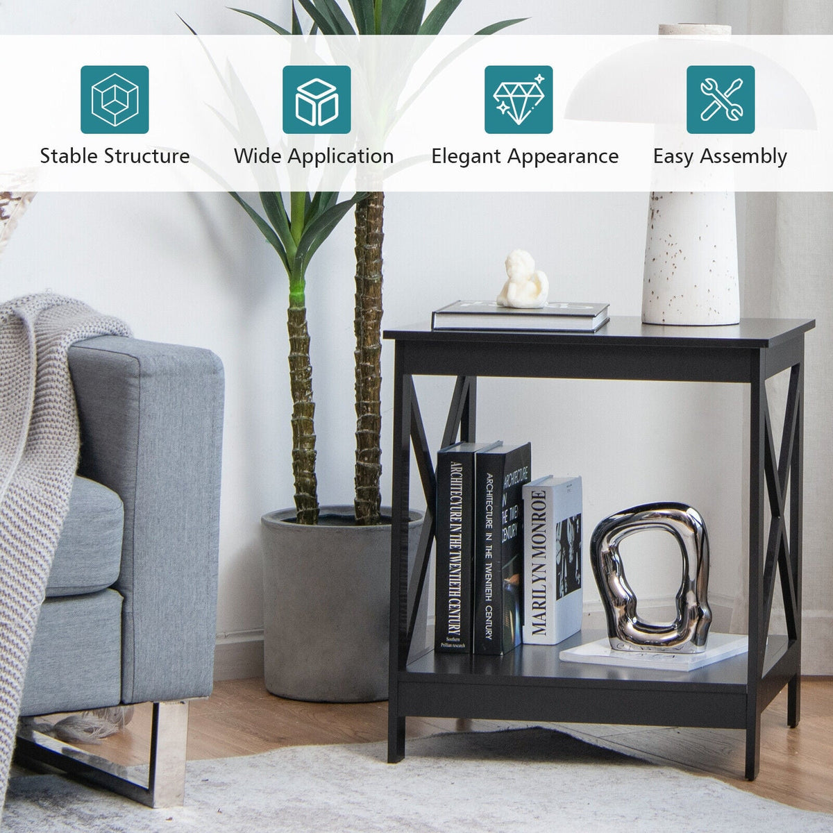 2-Tier Side Table with X-shape Design and 4 Solid Legs