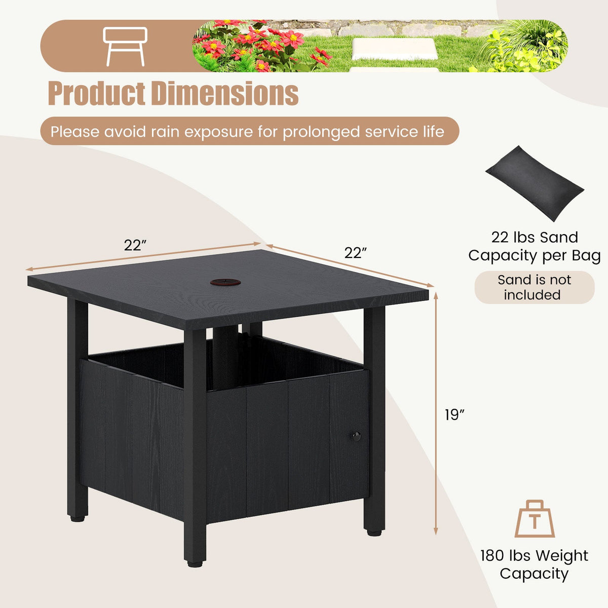 Outdoor Side Table with 1.89" Umbrella Hole Patio Umbrella Table Base Stand-Black