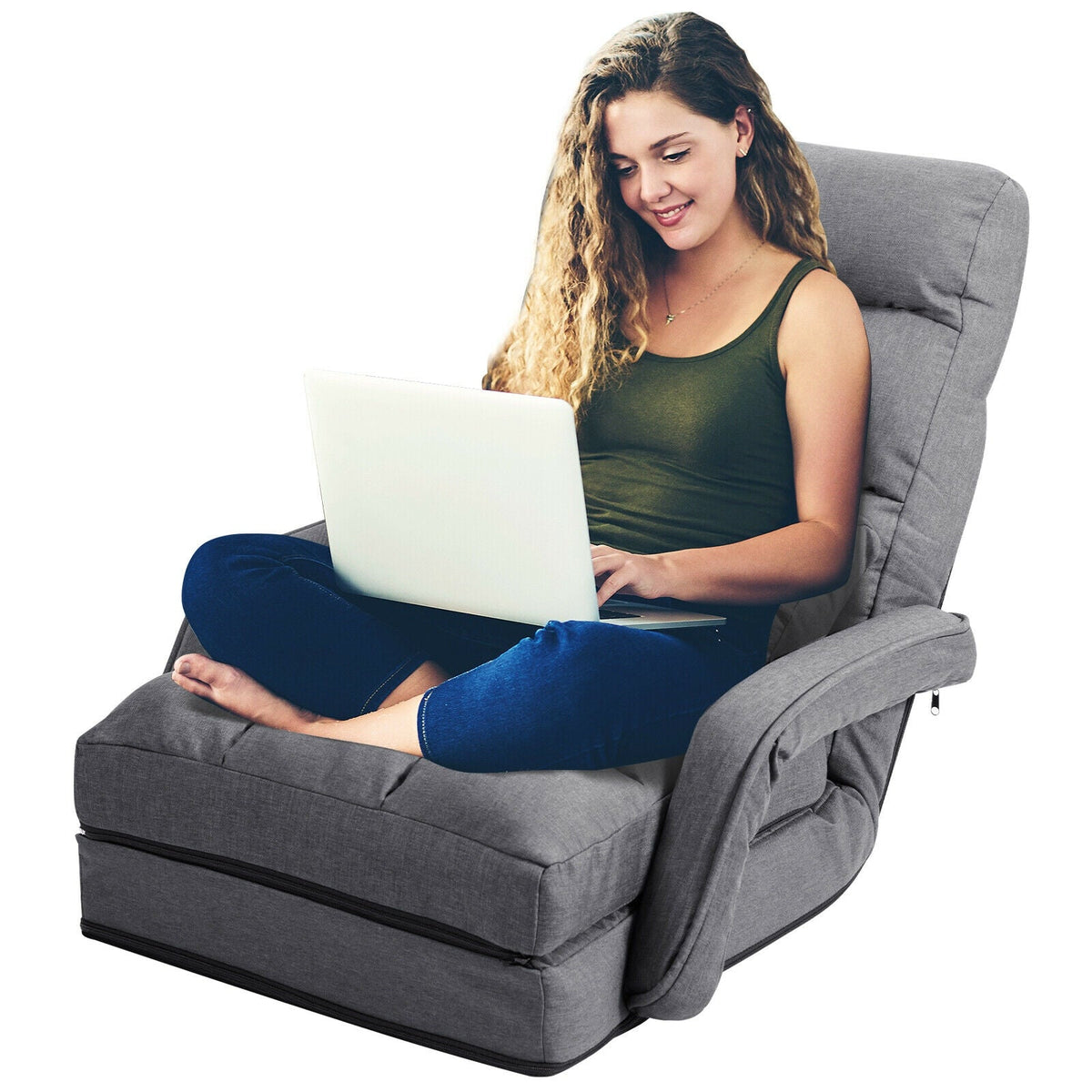 Folding Lazy Floor Chair Sofa with Armrests and Pillow