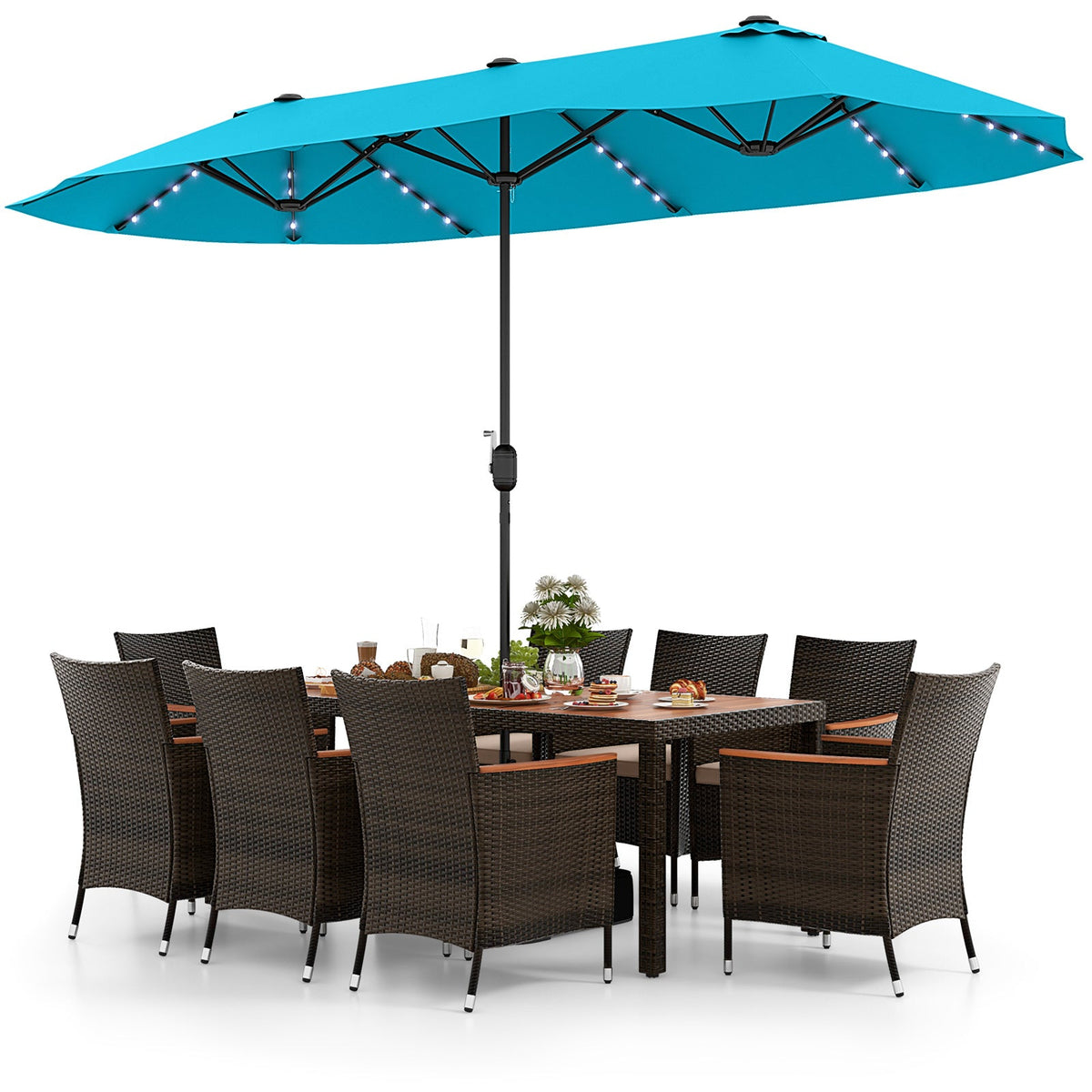 10 Piece Outdoor Dining Set with 15 Feet Double-Sided Twin Patio Umbrella