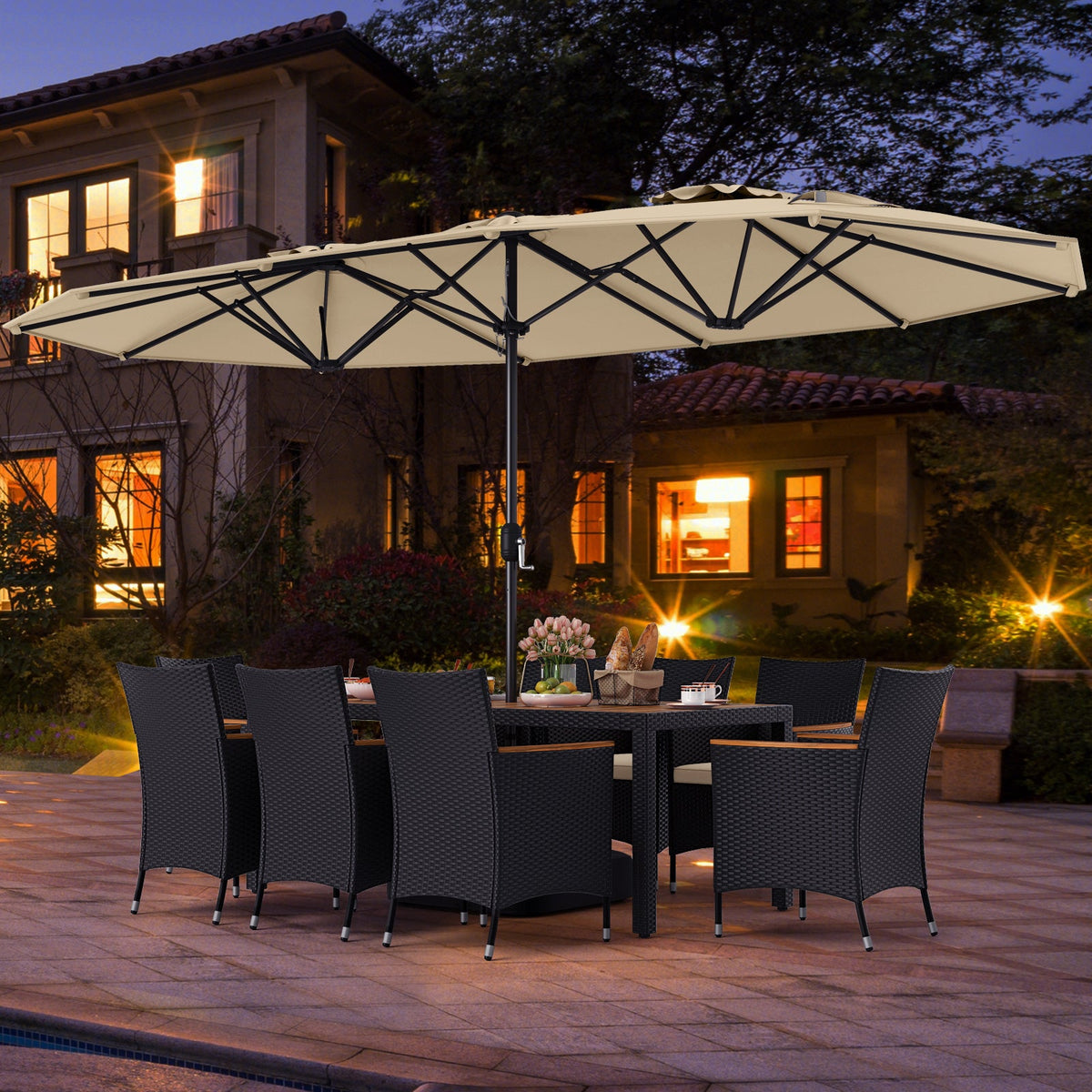 10 Piece Outdoor Dining Set with 15 Feet Double-Sided Twin Umbrella