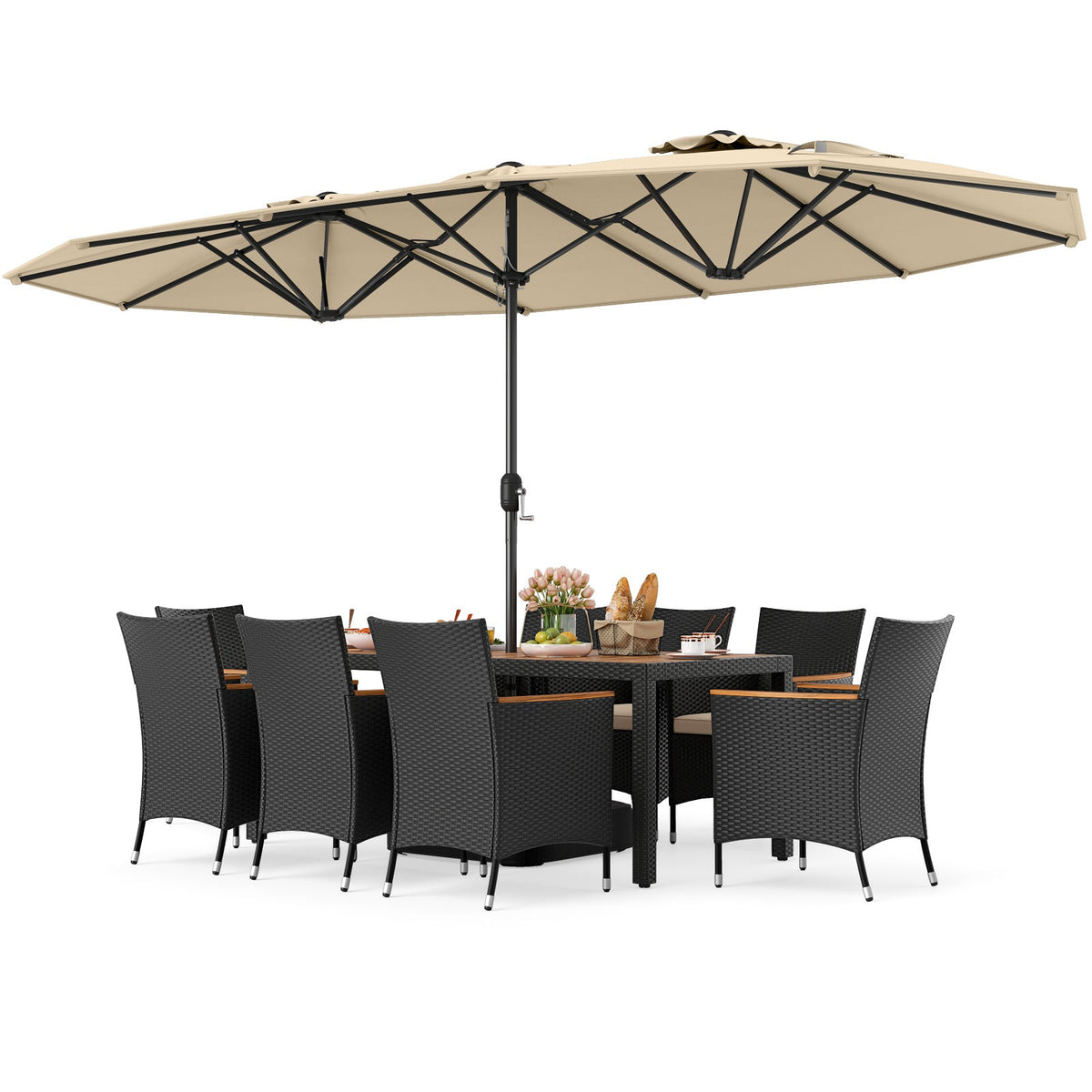 10 Piece Outdoor Dining Set with 15 Feet Double-Sided Twin Umbrella
