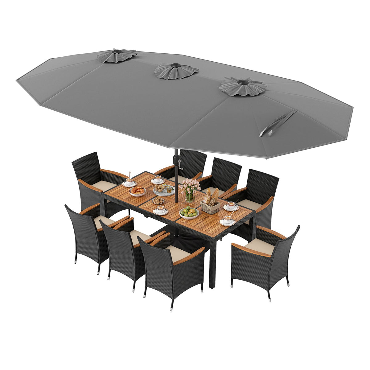 10 Piece Outdoor Dining Set with 15 Feet Double-Sided Twin Umbrella
