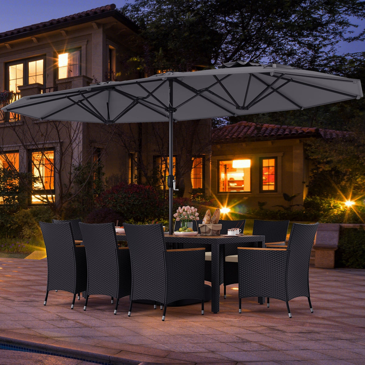 10 Piece Outdoor Dining Set with 15 Feet Double-Sided Twin Umbrella