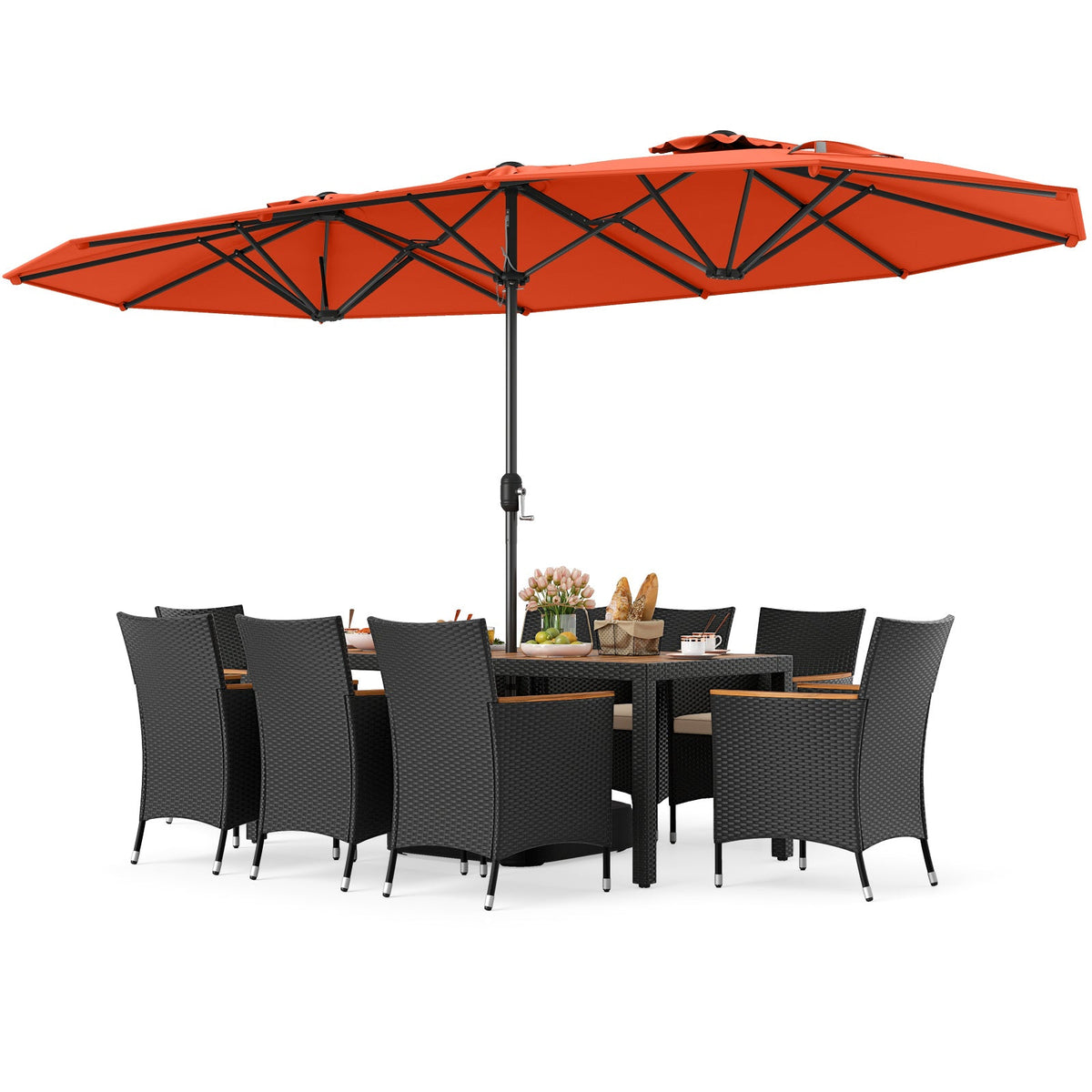 10 Piece Outdoor Dining Set with 15 Feet Double-Sided Twin Umbrella