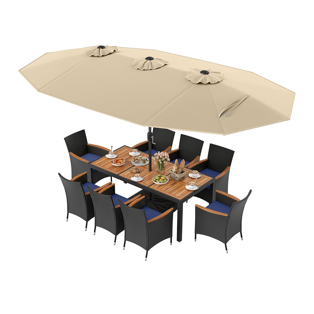10 Piece Outdoor Patio Dining Set with 15 Feet Double-Sided Twin Umbrella