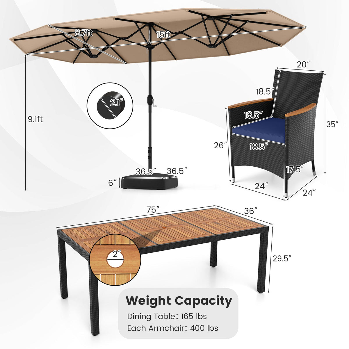 10 Piece Outdoor Patio Dining Set with 15 Feet Double-Sided Twin Umbrella