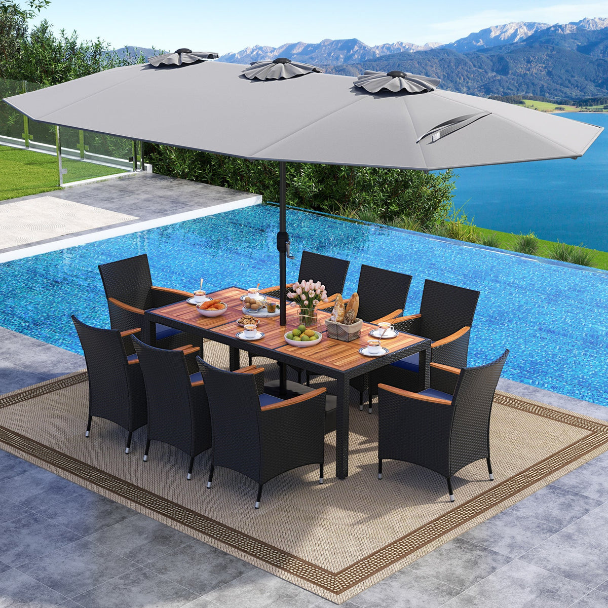 10 Piece Outdoor Patio Dining Set with 15 Feet Double-Sided Twin Umbrella