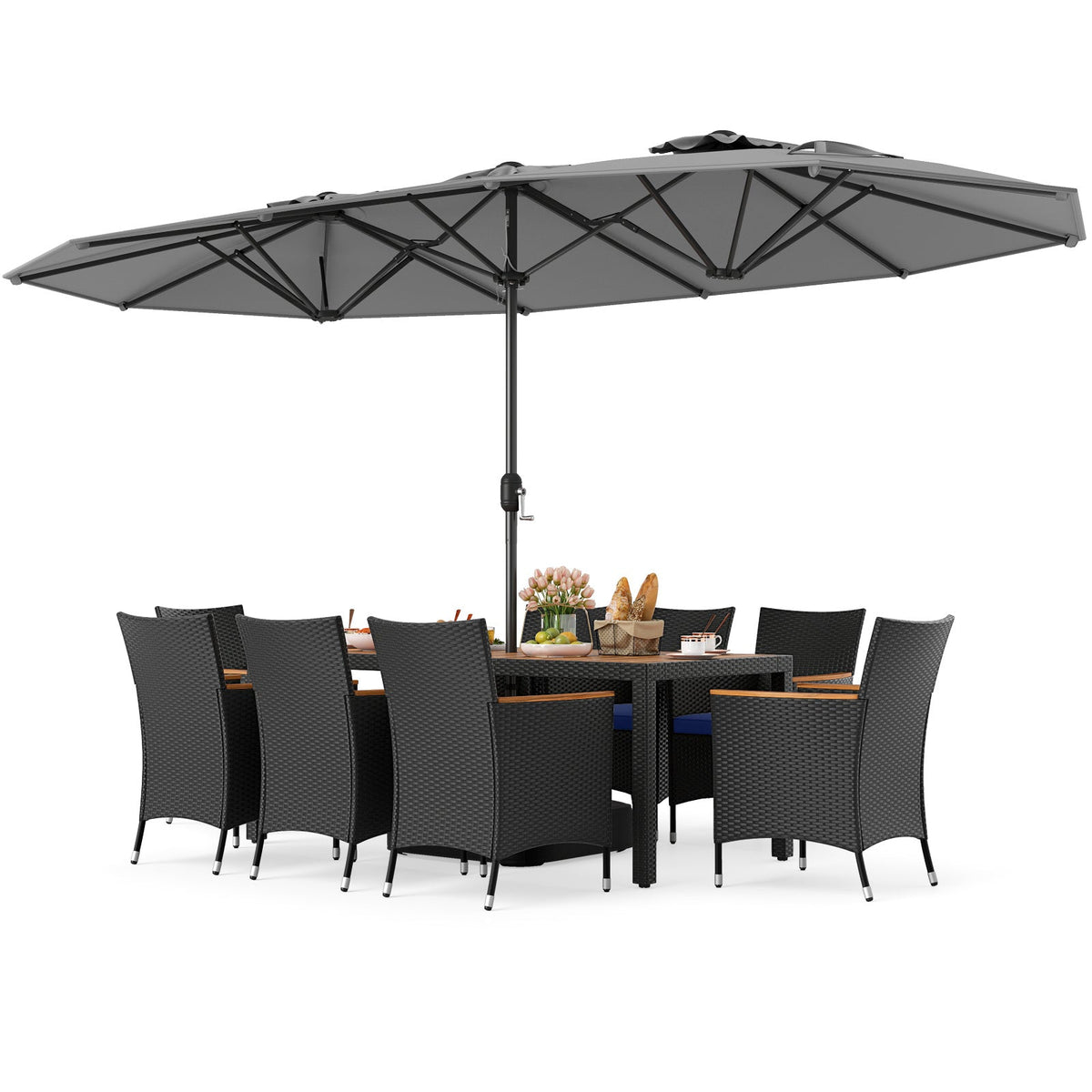 10 Piece Outdoor Patio Dining Set with 15 Feet Double-Sided Twin Umbrella
