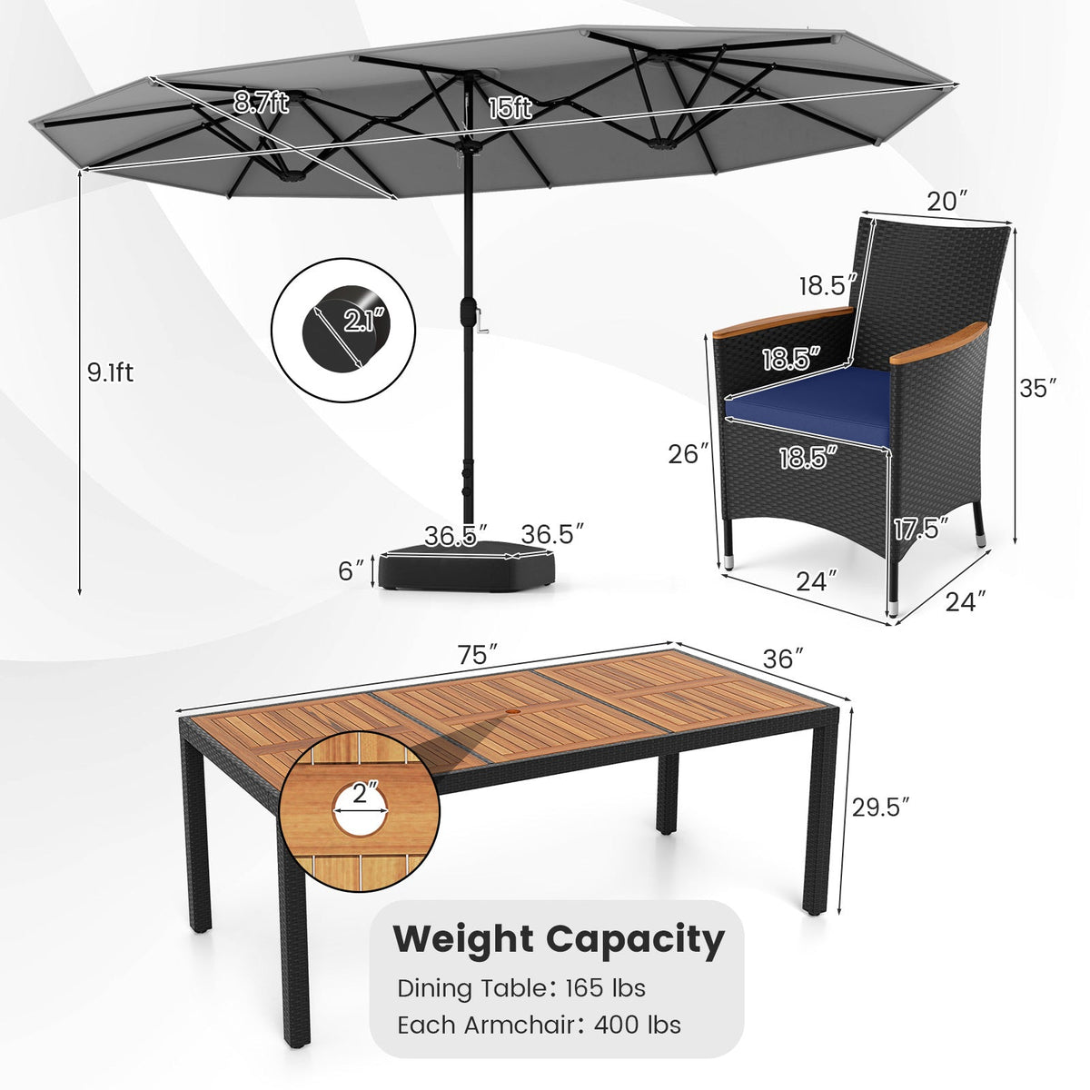 10 Piece Outdoor Patio Dining Set with 15 Feet Double-Sided Twin Umbrella