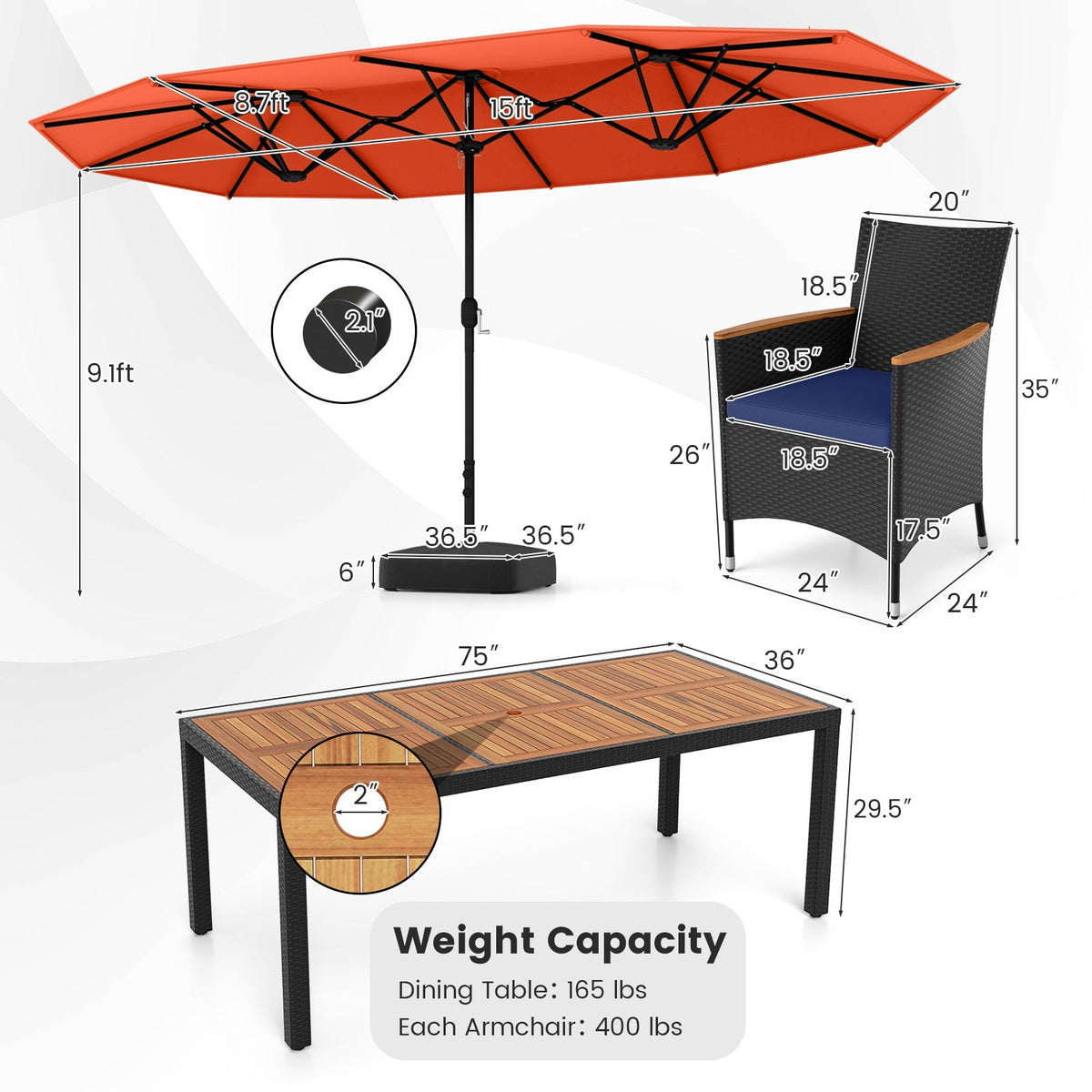 10 Piece Outdoor Patio Dining Set with 15 Feet Double-Sided Twin Umbrella