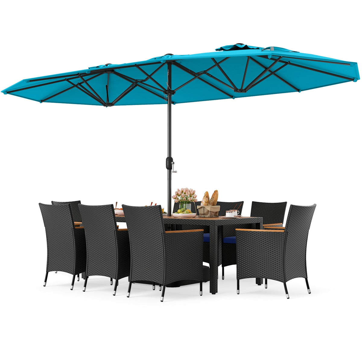 10 Piece Outdoor Patio Dining Set with 15 Feet Double-Sided Twin Umbrella