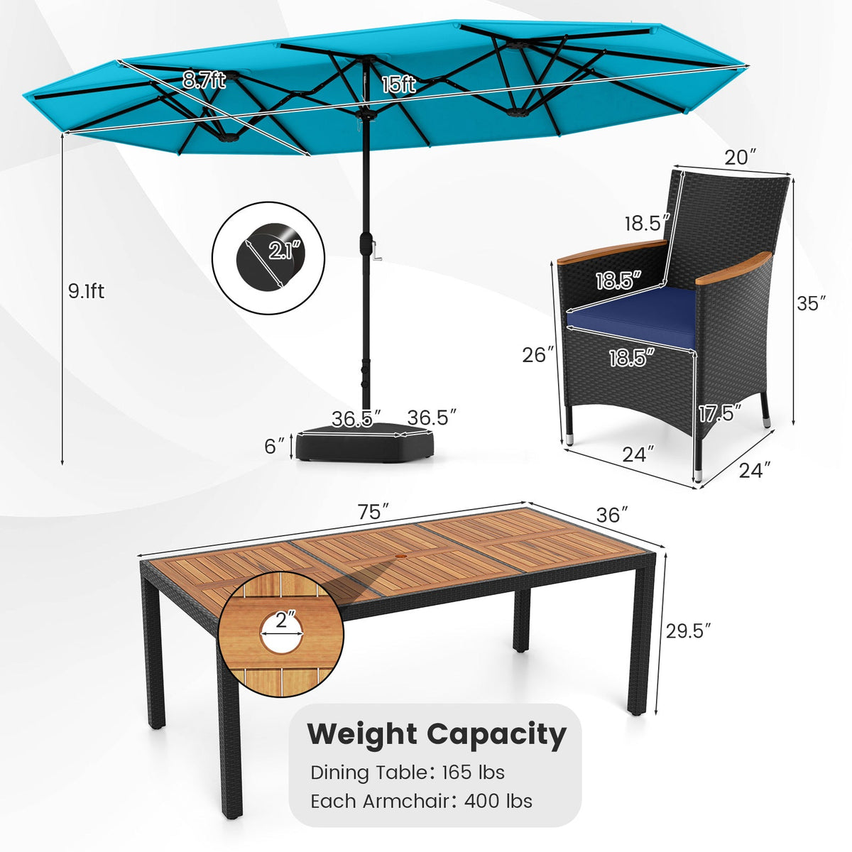 10 Piece Outdoor Patio Dining Set with 15 Feet Double-Sided Twin Umbrella