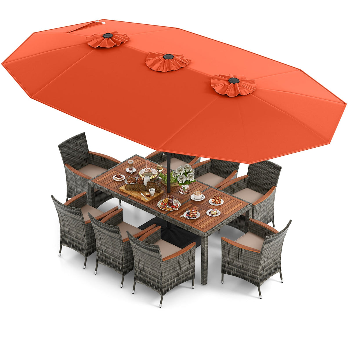 10 Pieces Patio Wicker Dining Set with 15 Feet Double-Sided Patio Umbrella
