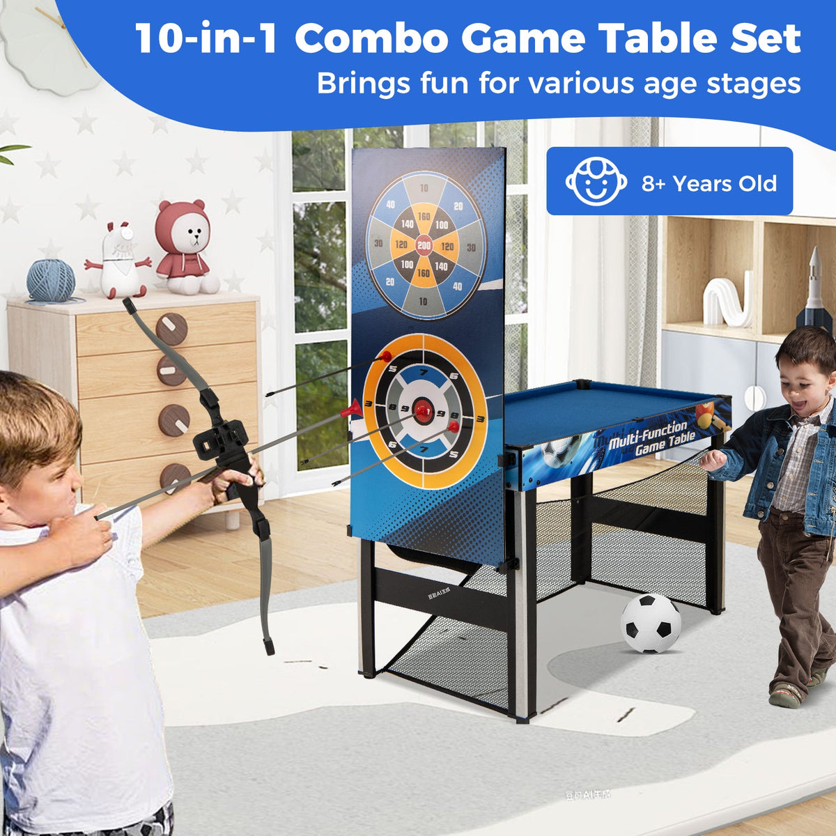 10-in-1 Combo Game Table Set with Table Tennis Basketball Soccer-Blue