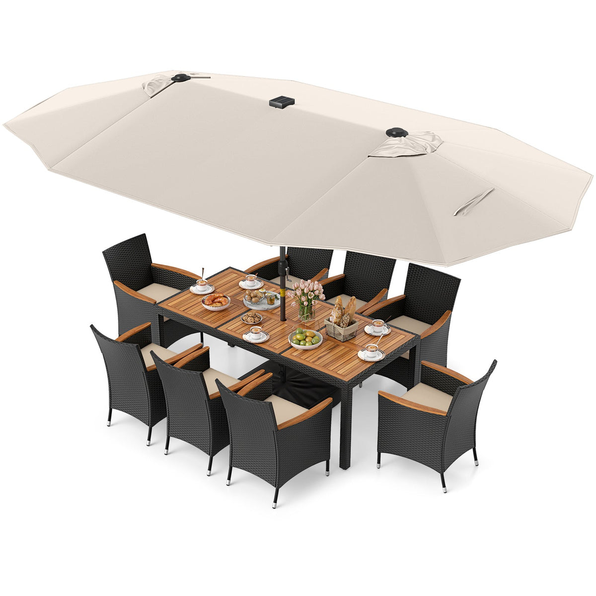11 Pieces Patio Dining Set with LED Patio Umbrella with Base and Seat Cushions (Beige)