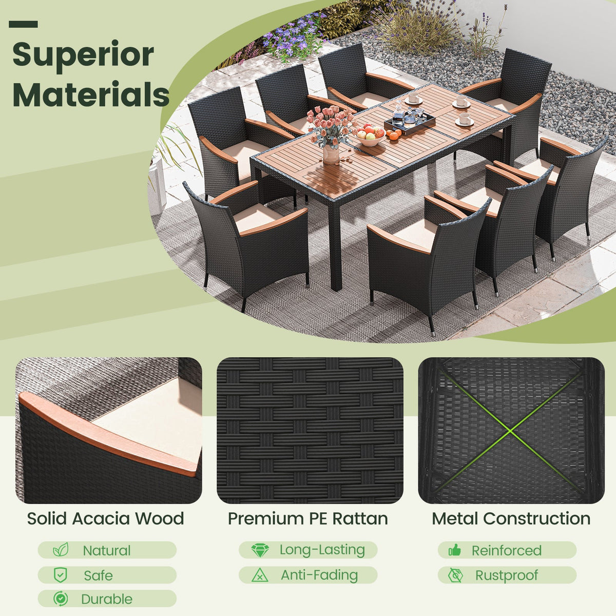 11 Pieces Patio Dining Set with LED Patio Umbrella with Base and Seat Cushions (Beige)
