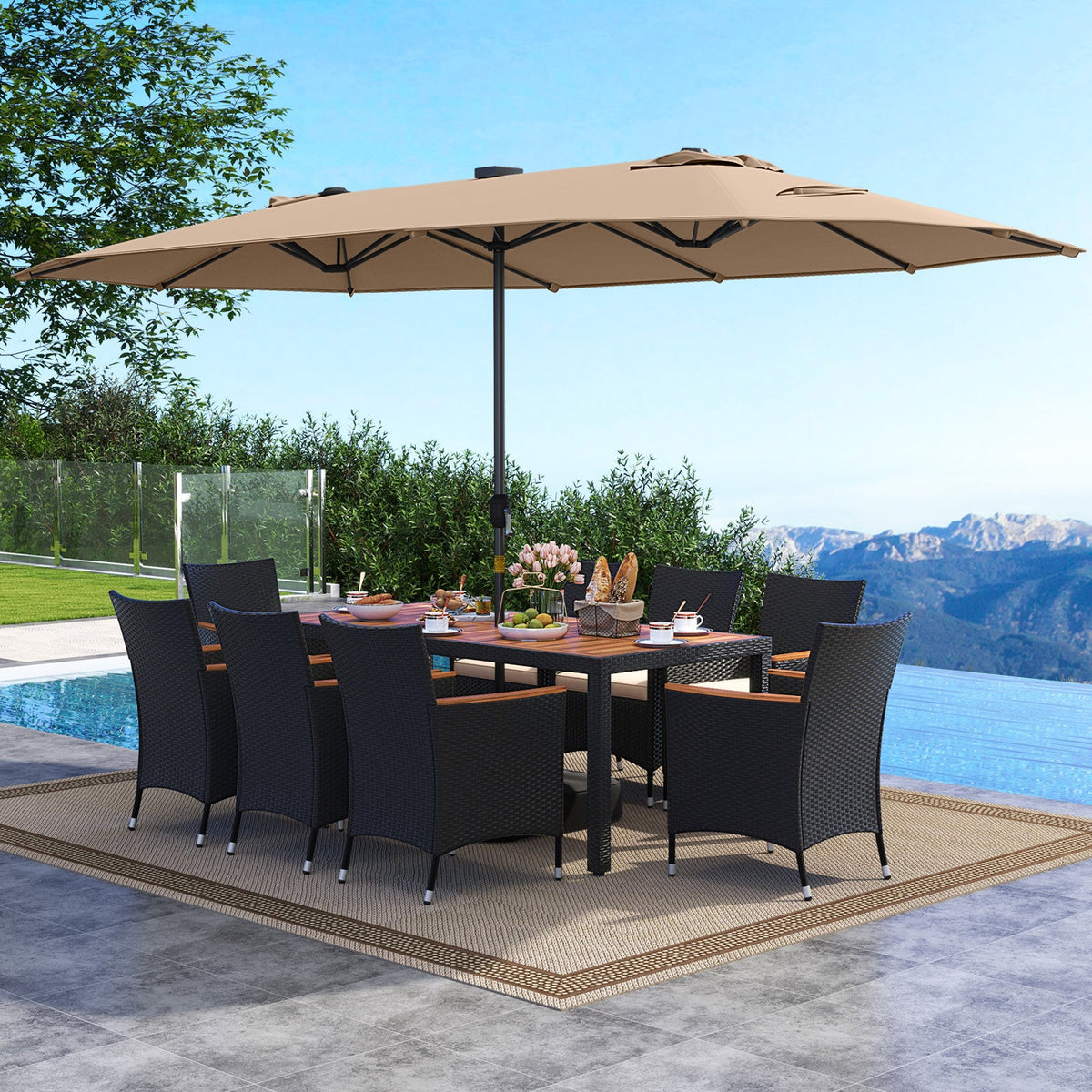 11 Pieces Patio Dining Set with LED Patio Umbrella with Base and Seat Cushions (Beige)