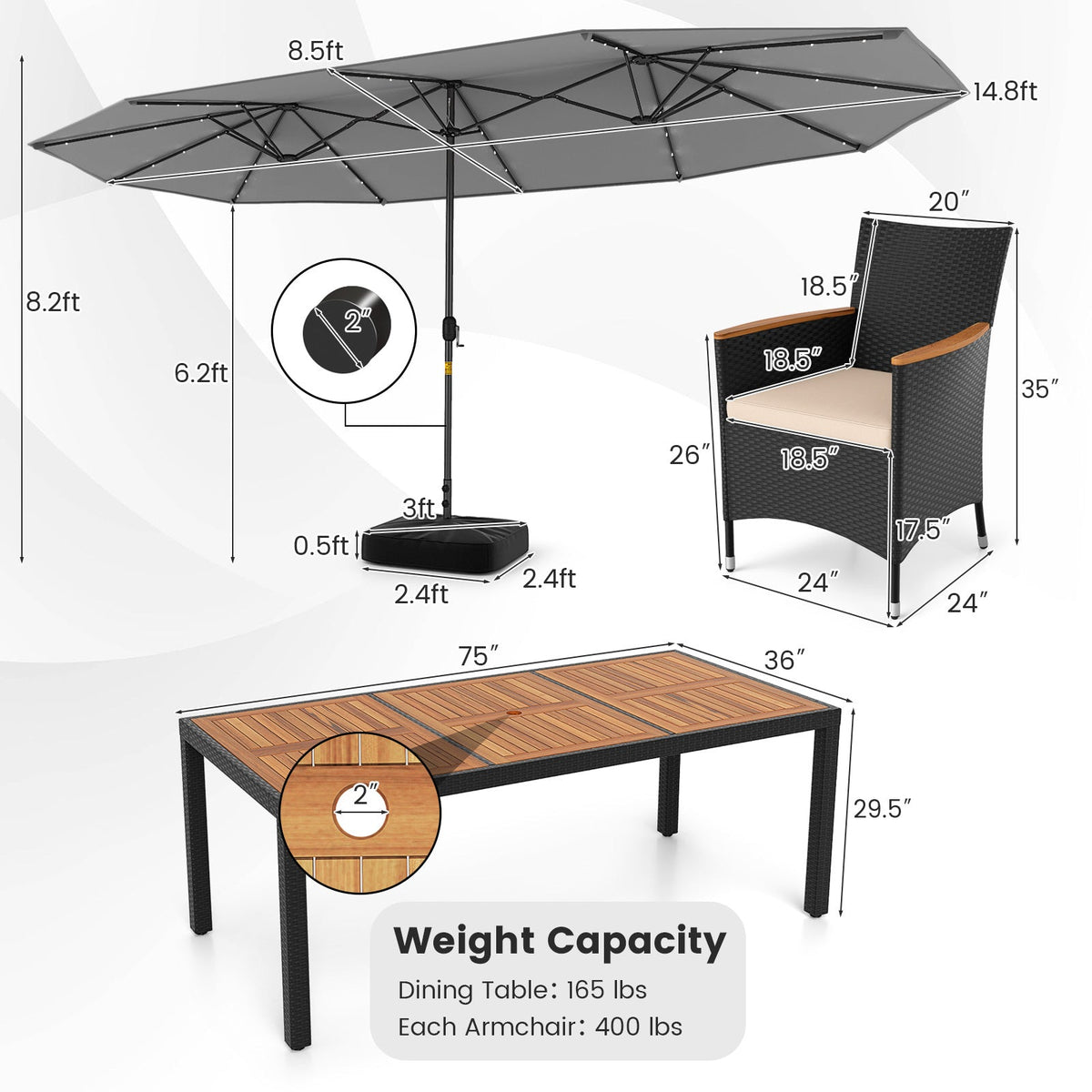 11 Pieces Patio Dining Set with LED Patio Umbrella with Base and Seat Cushions (Beige)