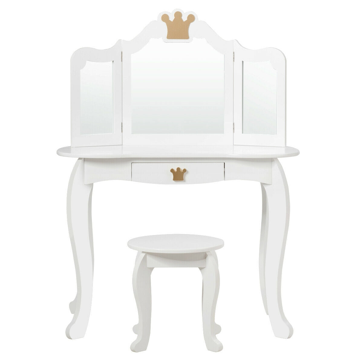 Kids Makeup Dressing Table with Tri-folding Mirror and Stool-White GBruno Store
