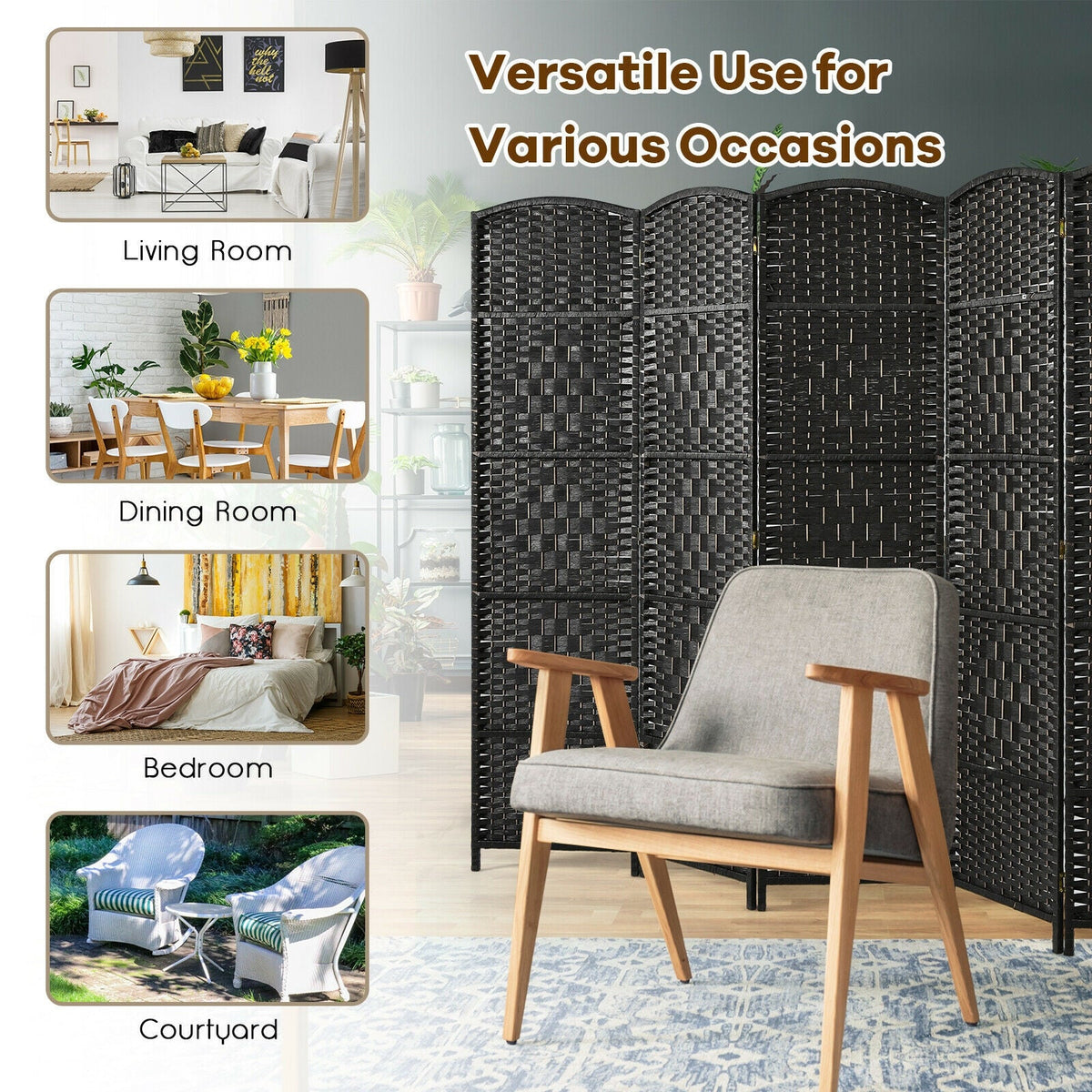 6.5Ft 6-Panel Weave Folding Fiber Room Divider Screen
