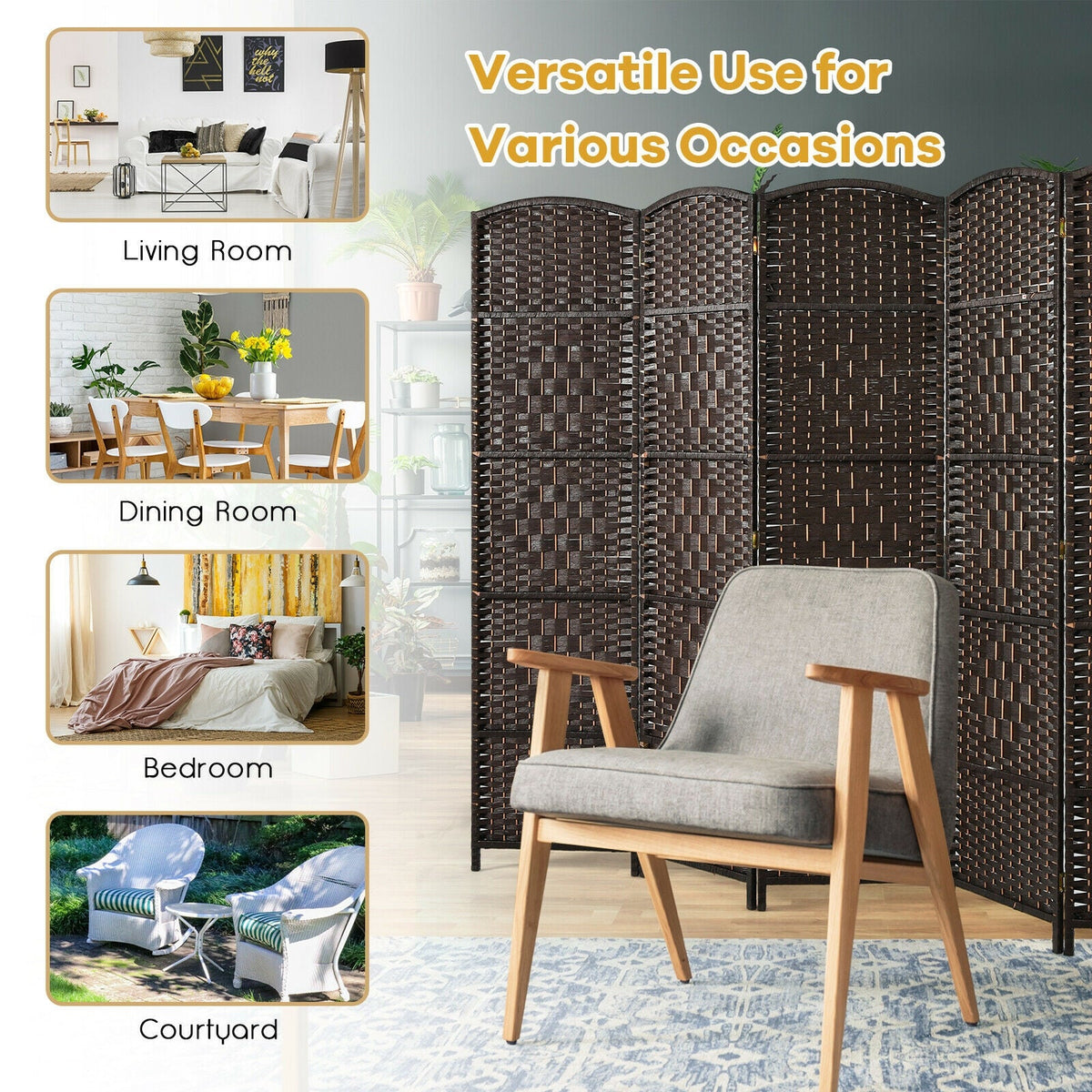 6.5Ft 6-Panel Weave Folding Fiber Room Divider Screen