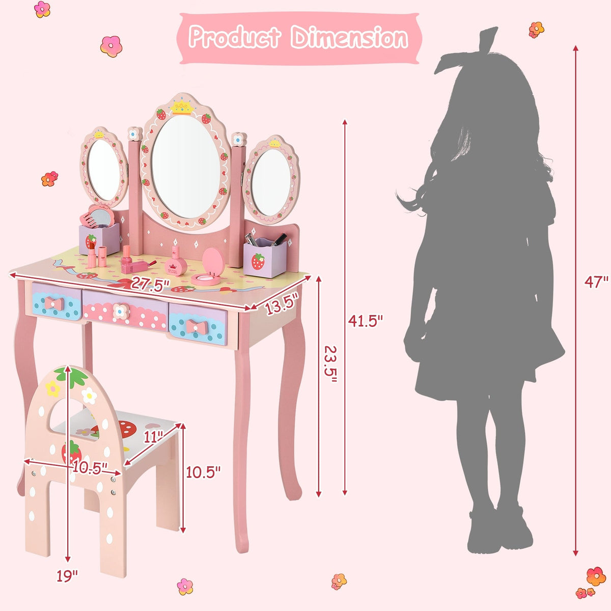 Kids Vanity Princess Makeup Dressing Table Chair Set with Tri-fold Mirror