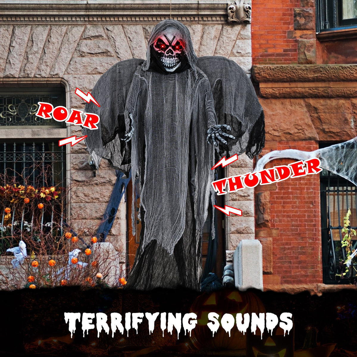 12.1 Ft Skeleton Ghost with Flickering Red Eyes and Scary Sounds