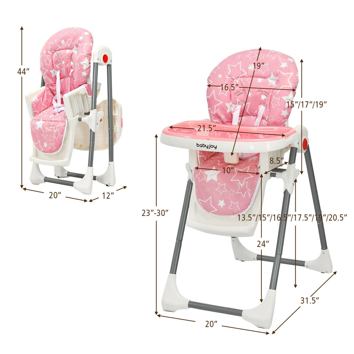 Folding Baby High Dining Chair with 6-Level Height Adjustment-Pink GBruno Store