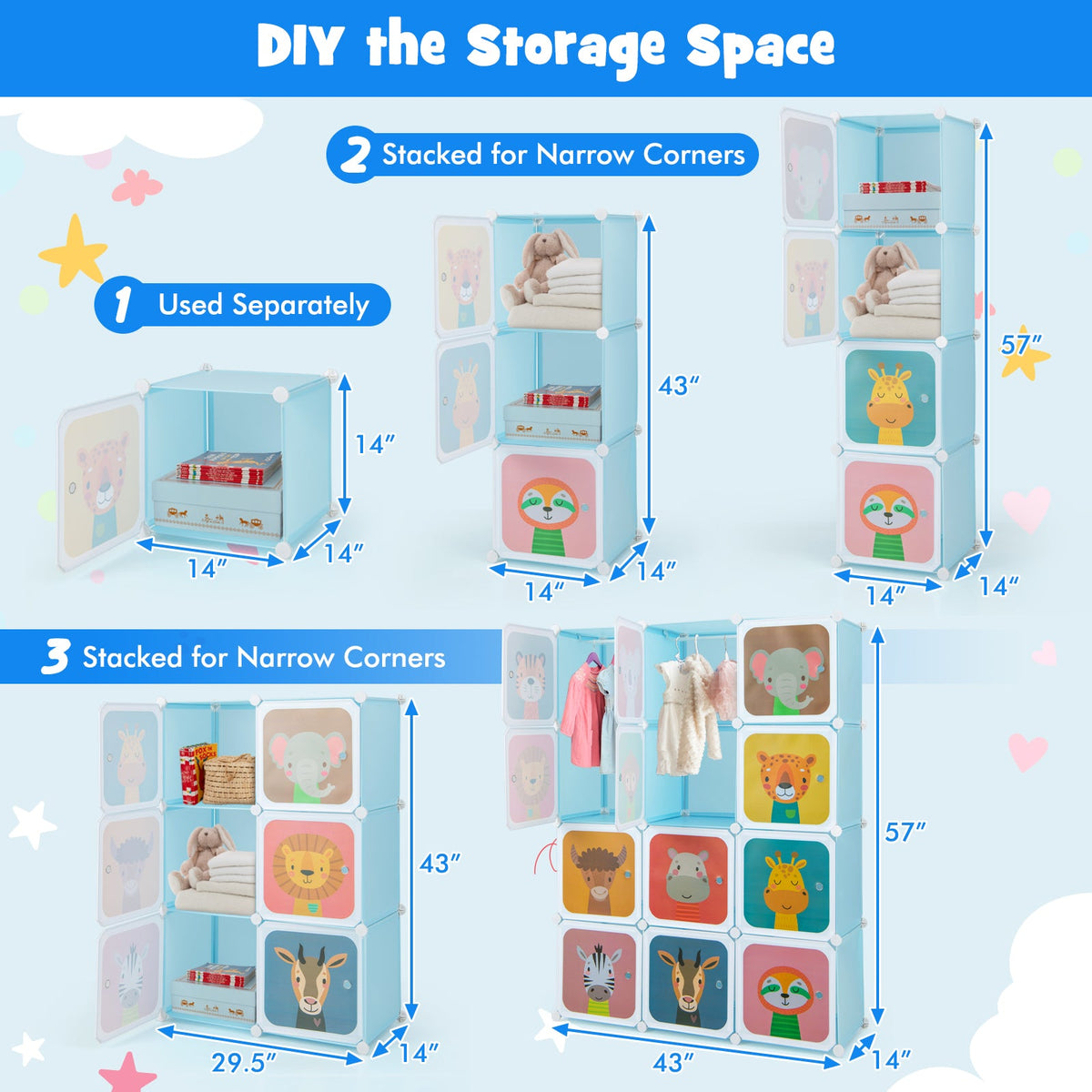 12 Cube Kids Wardrobe Closet with Hanging Section and Doors