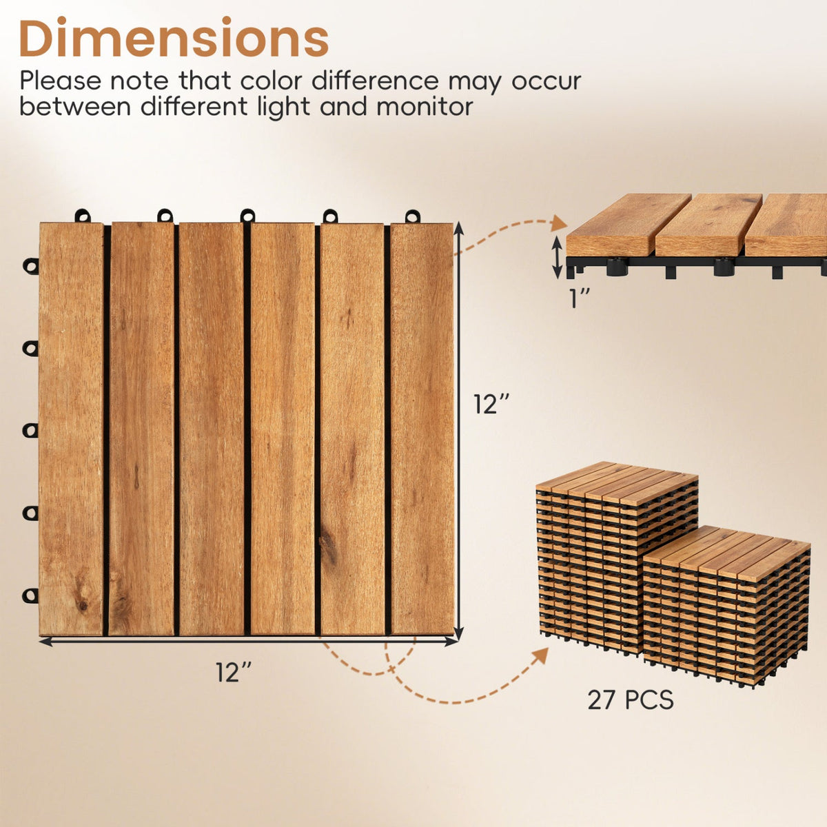 Acacia Wood Interlocking Deck Tiles 12x12 Inch - 27 Pack