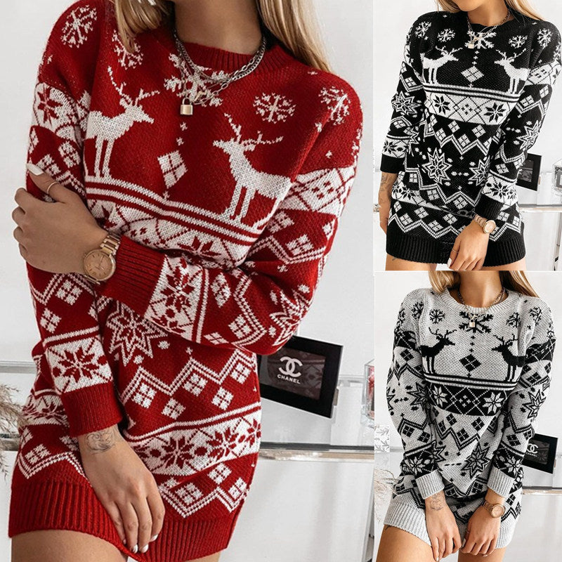 Elk Snowflake Knitted Dress, Long Sweater