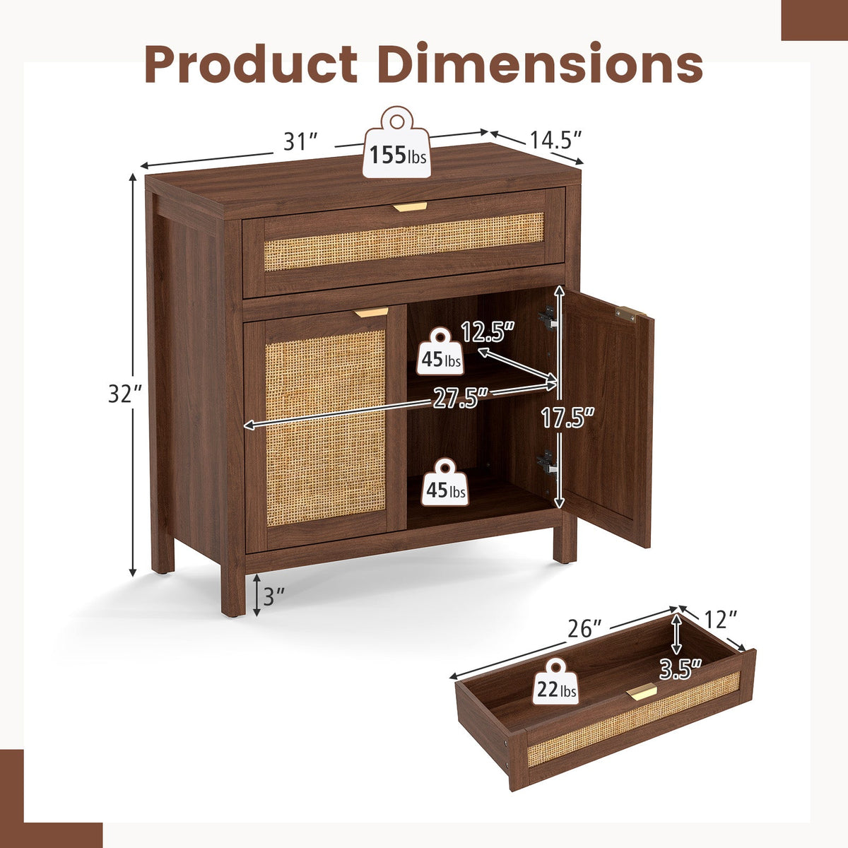 Sideboard Storage Cabinet with Rattan Doors and Drawer-Brown