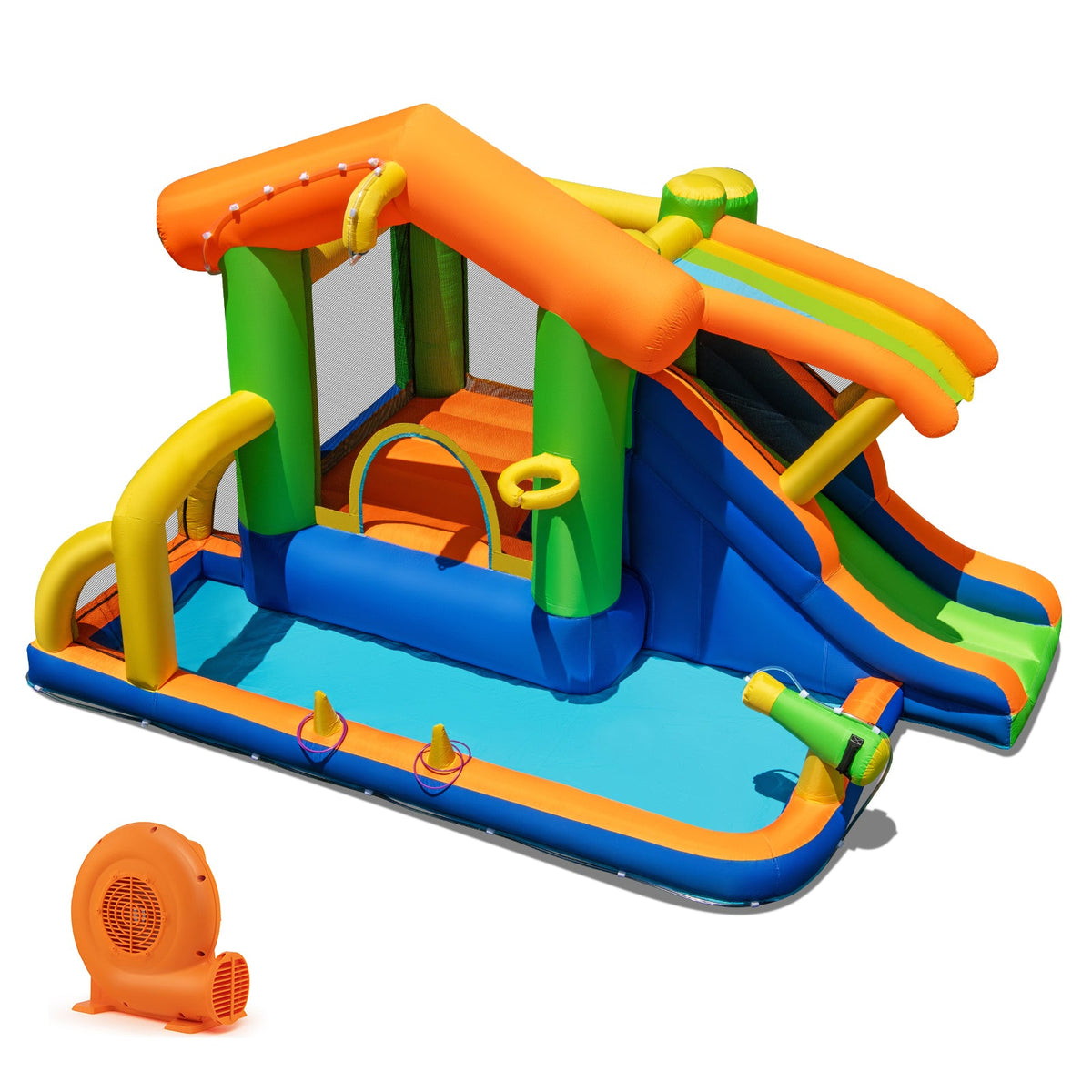 8-in-1 Jumping Castle with Slide and 520W Blower