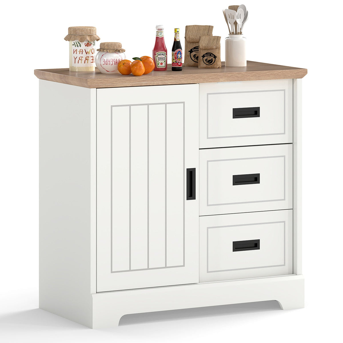 Farmhouse Sideboard Buffet Cabinet Kitchen Pantry with Sliding Doors-White