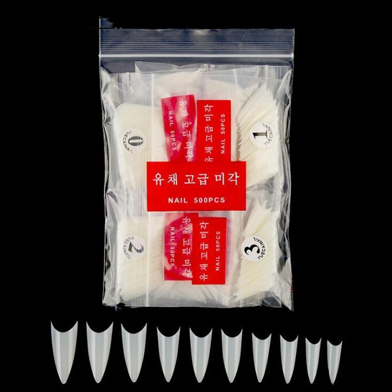 500-Piece Manicure Fake Nail Tips - Natural & Transparent, Pointed Korean Standard