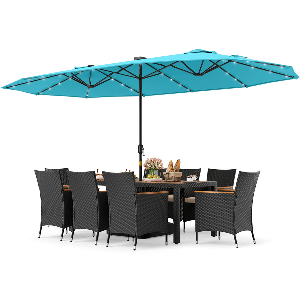 11 Pieces Patio Dining Set with LED Patio Umbrella with Base and Seat Cushions (Beige)