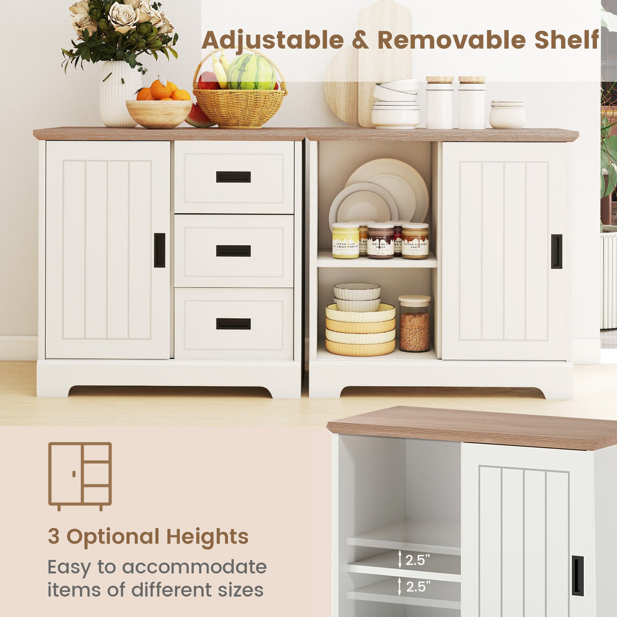 Farmhouse Sideboard Buffet Cabinet Kitchen Pantry with Sliding Doors-White