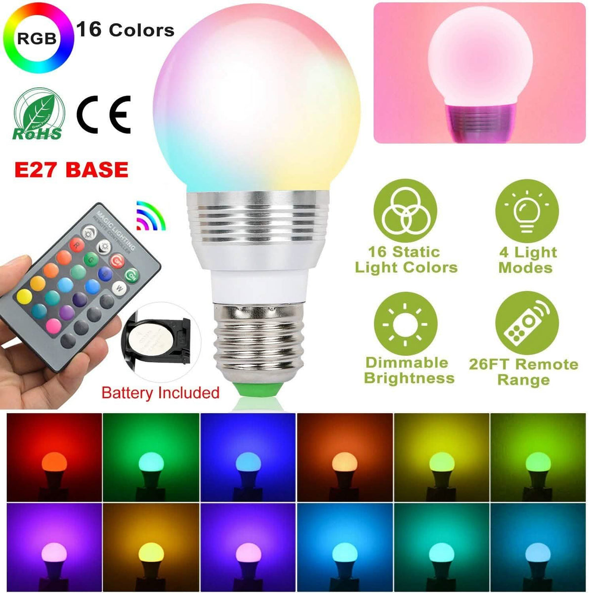 16 Colors Change LED Bulbs E27 3W RGD Dimmable Mood Lighting Lamp