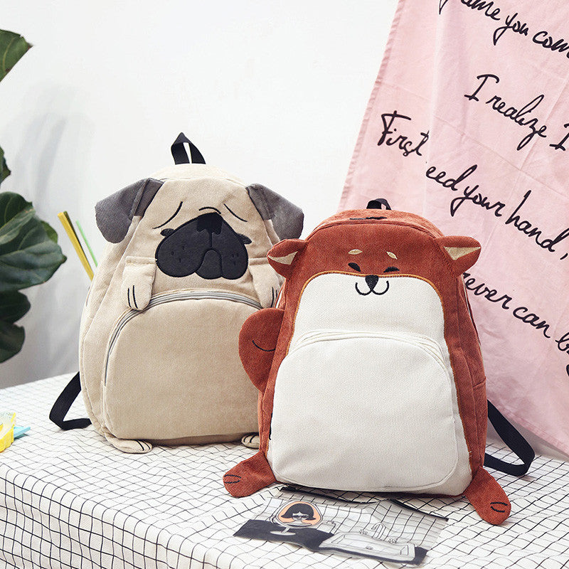 Girls Corduroy Backpack Cute Fox And Dog Animal Corduroy Backpack