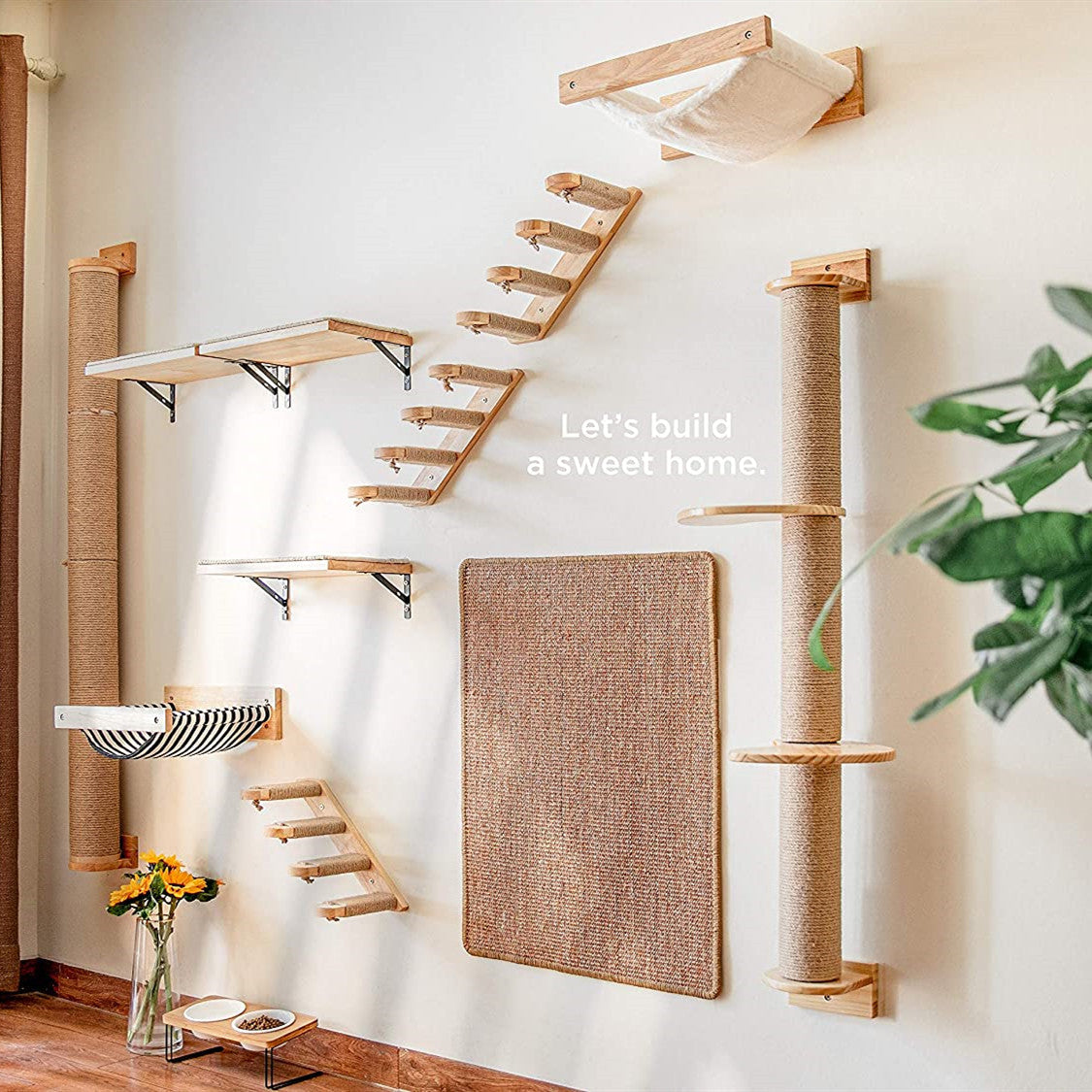 Cat Wooden Wall Hanging Ladder Pine Springboard Stairs Cat Toy Multi-layer