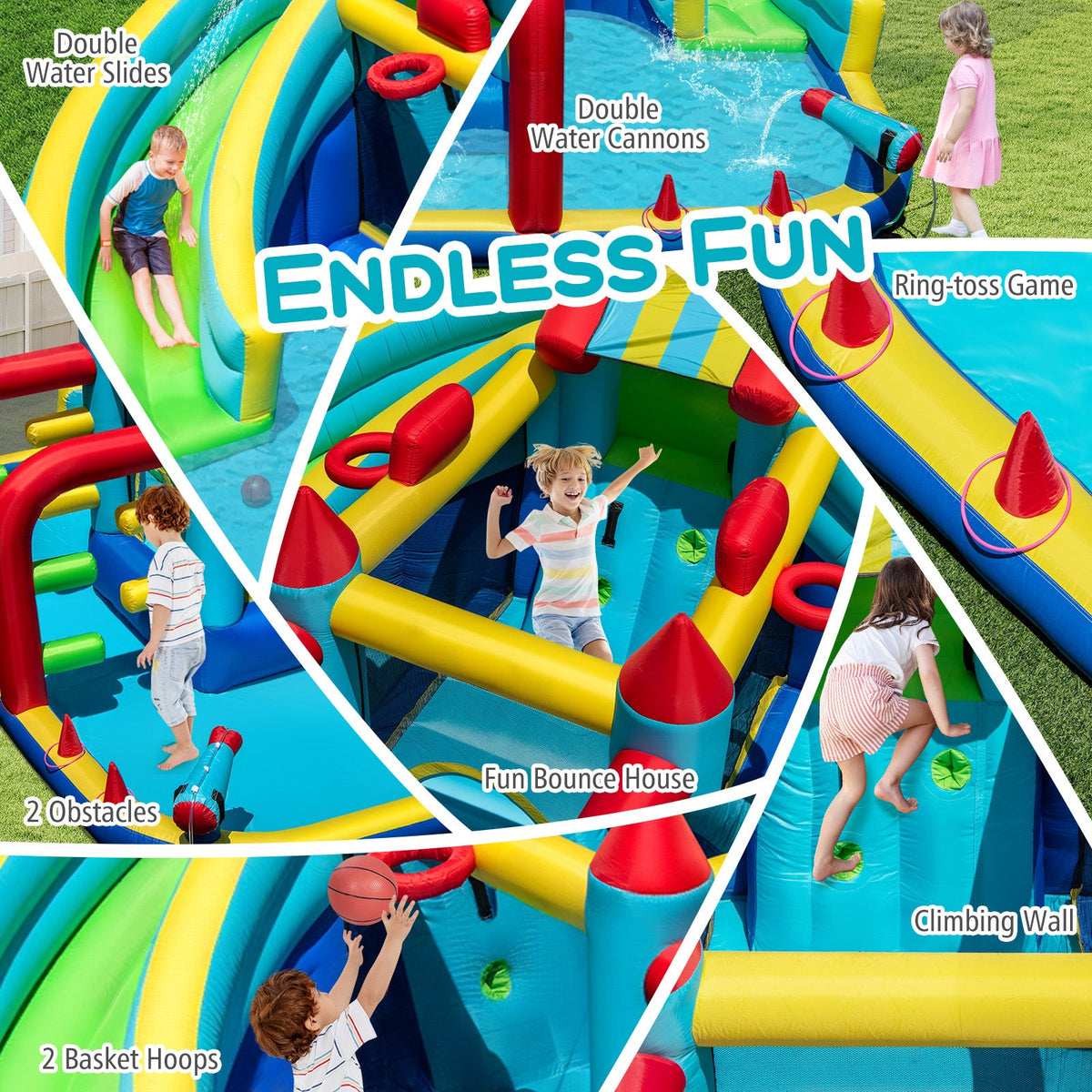 Inflatable Double Water Slide Park with Obstacle Course and 680W Blower