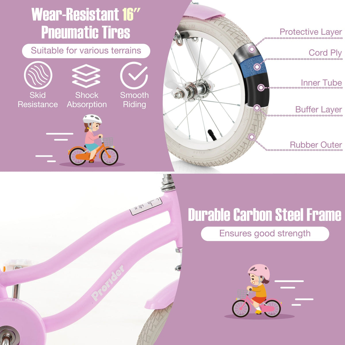 16 Inch Kids Bike with Front Handbrake and 2 Training Wheels-Purple