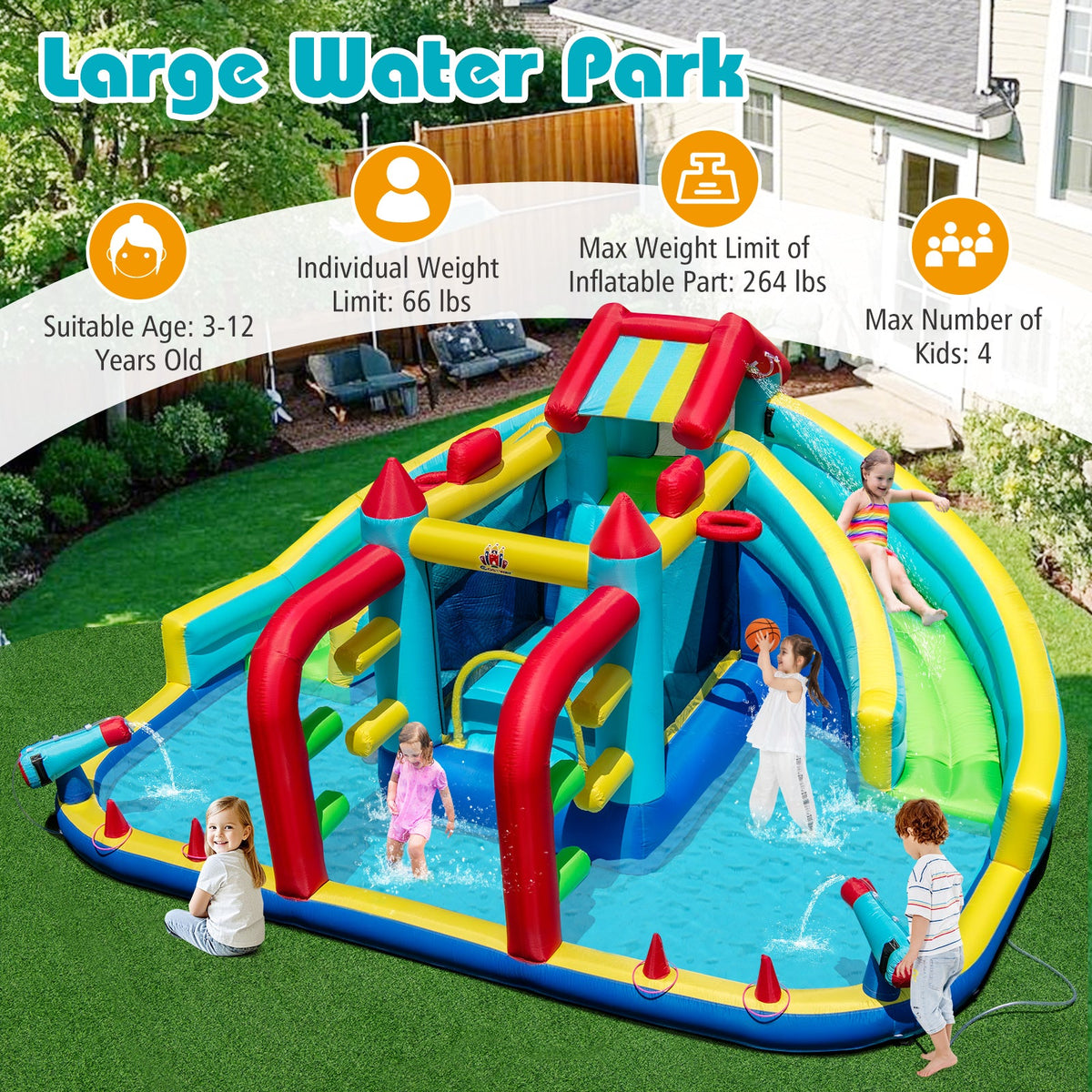Inflatable Double Water Slide Park with Obstacle Course and Basketball Hoops