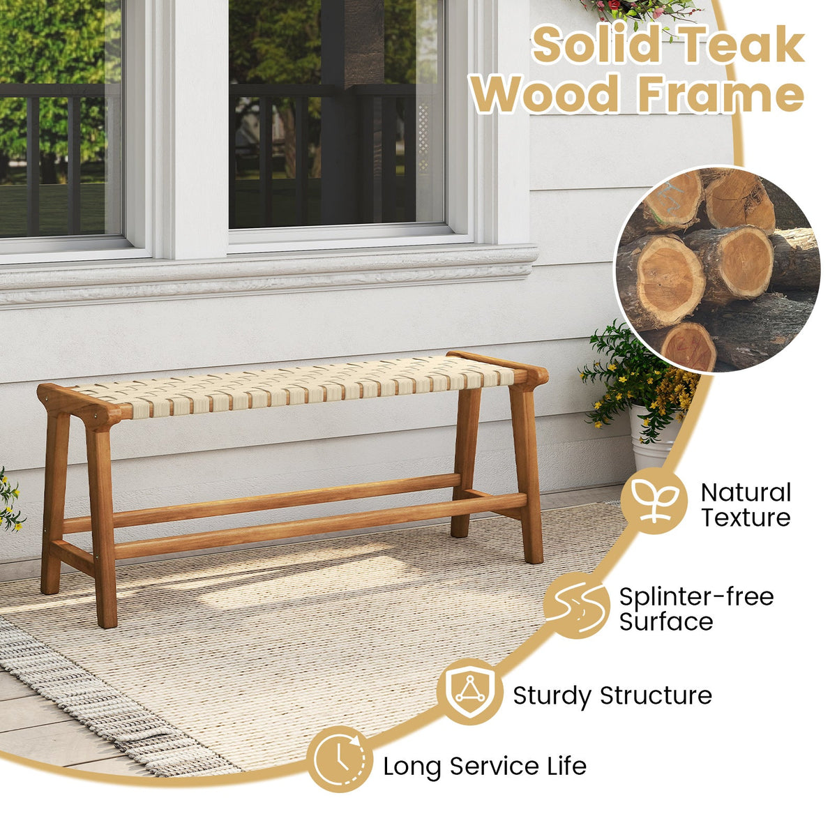 47 Inches Long Teak Wood Patio Bench with Weave Seat and Solid Wood Legs-Natural