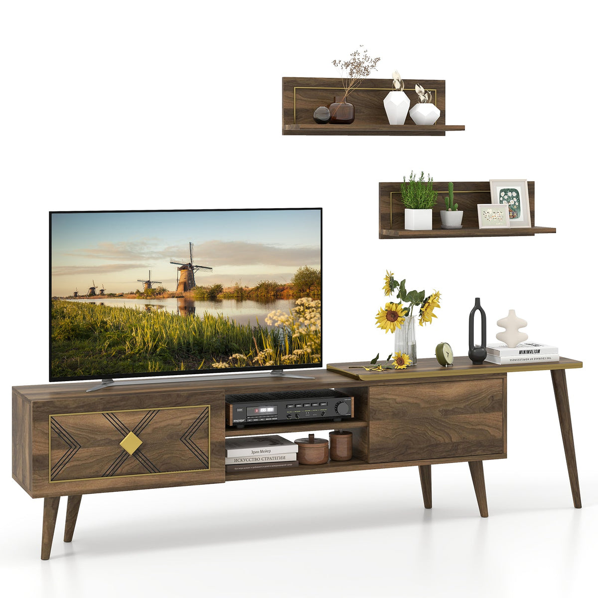 Mid-century Modern TV Stand for TVs up to 85 Inch with Open Compartments-Walnut