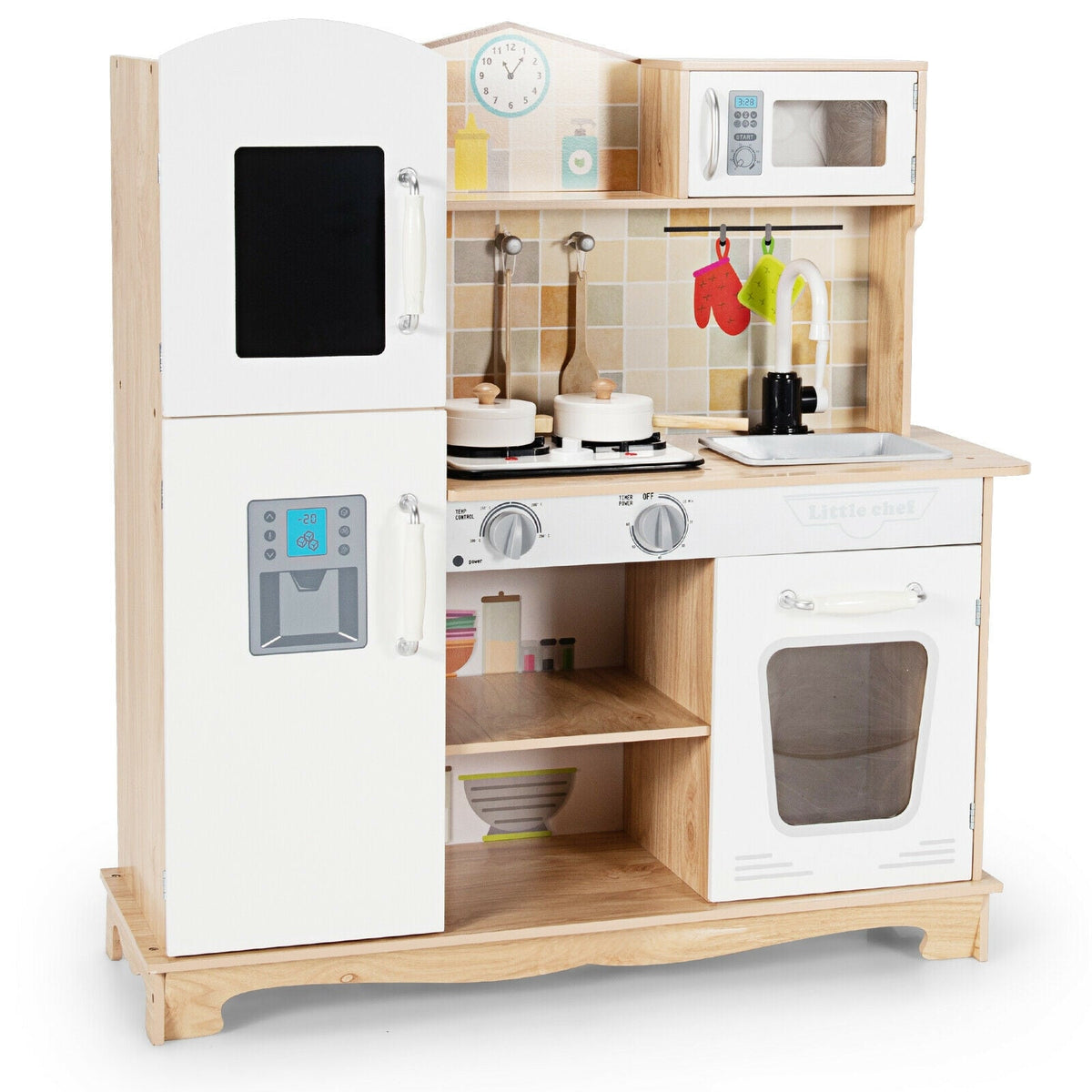 Wooden Kids Pretend Kitchen Playset Cooking Play Toy with Utensils and Sound